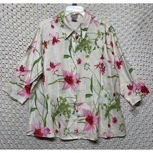 Cali Cali 100%linen Blouse Shirt Women‎ 1X Floral Hawaiian button Up 3/4 Sleeve